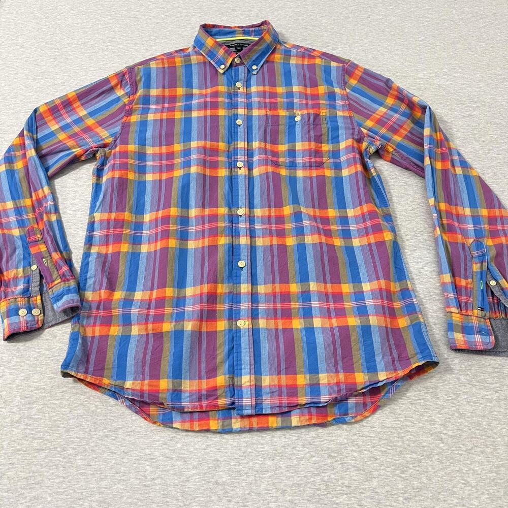 Tommy Hilfiger Shirt Mens Large New York Fit Cotton Colorful Plaid Preppy LS